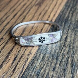 Vintage Mexico Alpaca White Abalone Inlay Hinged Bangle Bracelet Butterfly
